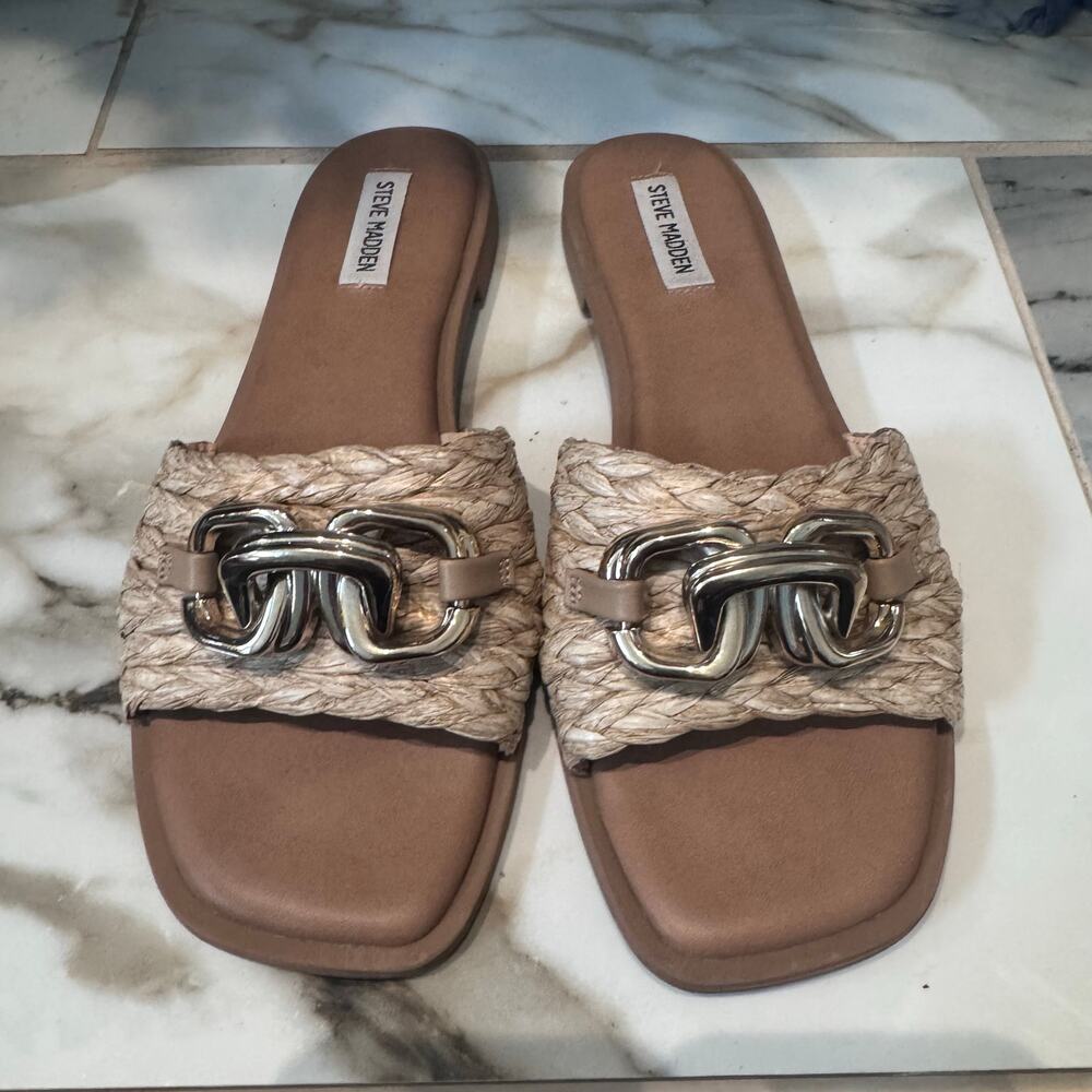 Steve Madden‎ Slides Women's 9.5 Gene Raffia Straw Large Buckle Flat Sandals
